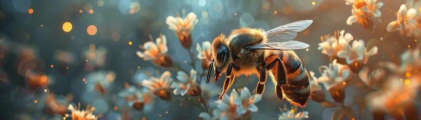 Papier Peint photo Lavable Abeille A bee pollinating a flower in a biodiverse habitat