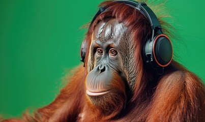 an orangutan wearing headphones - obrazy, fototapety, plakaty