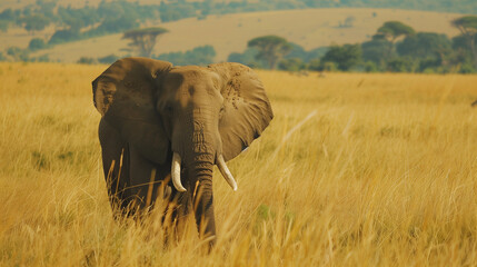 Obraz premium Elephant in Savanna, Elephant Roaming the Golden Savanna, Elephant in Natural Habitat
