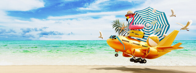 Cute orange airplane with luggage and beach accessories landing on beautiful sand beach. Summer...