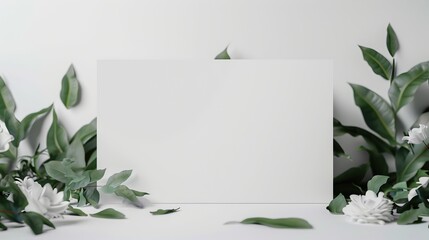 A blank white canvas surrounded by green leaves and white flowers on a plain background