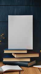 A blank canvas rests on a stack of books against a dark wooden background