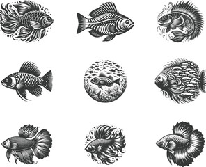 a full fish silhouette black color . white color background  