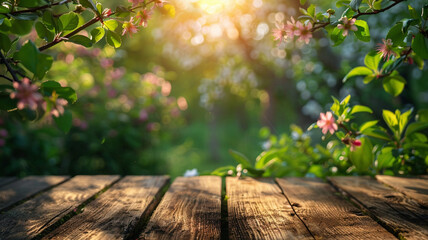Naklejka na ściany i meble Empty wooden table are placed outdoors on green bokeh from natural leaves and sunlight. Counter display concept. Beautiful simple AI generated image in 4K, unique.