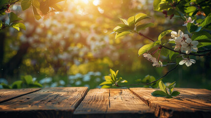an outdoor picnic table with green leaf background,. Beautiful simple AI generated image in 4K, unique.