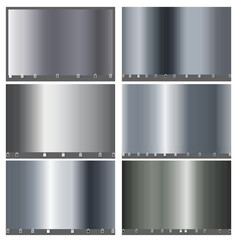 Silver metal luxury big set of simple gradient. Silver metallic smooth foil material for the abstract background. Design for frames, ribbons, coins, app, mobile cover wallpaper.
