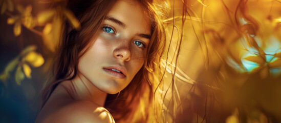 Banner idea for cosmetics advertising with a portrait of a young beautiful Eastern European woman with freckles, beautiful red hair and blue eyes. Natural beauty and health concept