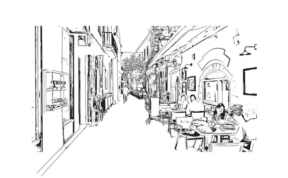 Print Building view with landmark of Rethymno is a city in Greece. Hand drawn sketch illustration in vector.