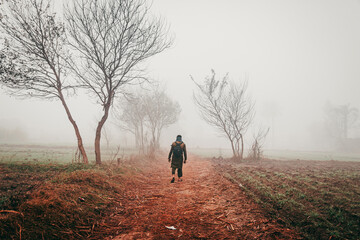 person walking in the morning fog
