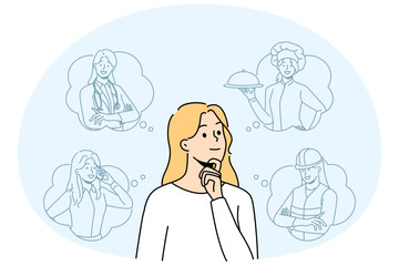 Smiling woman with occupations in speech bubbles think of career option. Happy girl decide choose profession. Vector illustration.