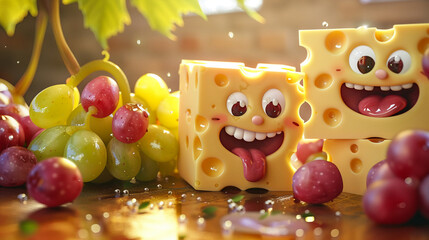 Cheerful Cheese Characters with Fresh Grapes - obrazy, fototapety, plakaty
