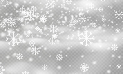 Christmas snow flake pattern. Snowfall, snowflakes in different shapes and forms. Many white cold flakes elements on transparent background. Magic white snowfall texture.