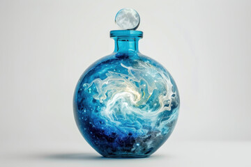 A crystal vial filled with swirling, bioluminescent nebula clouds, capped with a miniature moon, isolated on a white background