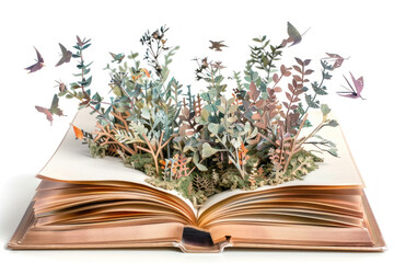 A magical book with pages fluttering open to reveal a 3D pop-up forest, complete with tiny, wandering creatures, isolated on a white background