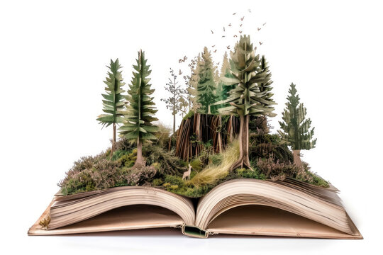 A magical book with pages fluttering open to reveal a 3D pop-up forest, complete with tiny, wandering creatures, isolated on a white background