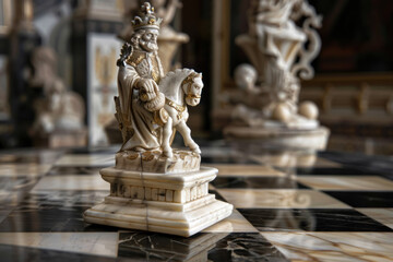 Fototapeta premium A grand statue of a knight playing chess with a mischievous goblin, each figure carved from marble, standing on a checkered board of onyx and ivory.
