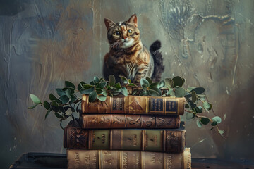 A whimsical depiction of a cat wearing a laurel wreath, sitting atop a pile of ancient, carved books, its tail cleverly forming the shape of a question mark. - obrazy, fototapety, plakaty