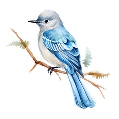 Soft Blue Watercolor Bird with Fern Leaves