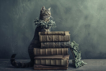 A whimsical depiction of a cat wearing a laurel wreath, sitting atop a pile of ancient, carved books, its tail cleverly forming the shape of a question mark. - obrazy, fototapety, plakaty