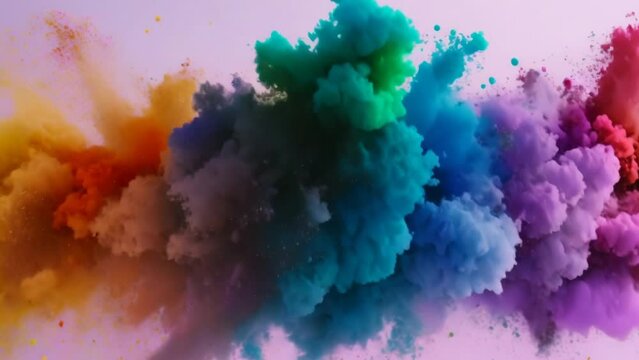 Color powder explosion. Burst iridescent multicolored colorful rainbow smoke fluid ink particles. Vivid painting bomb on fun party. Festival background. Isolated white.