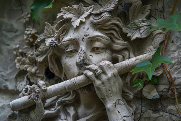 Fototapeta premium An intricate sandstone sculpture of a faun playing a flute, with real leaves and flowers growing from the flute's holes, blending art with nature.