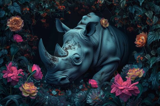   A rhino in a floral setting painted with roses bordering it