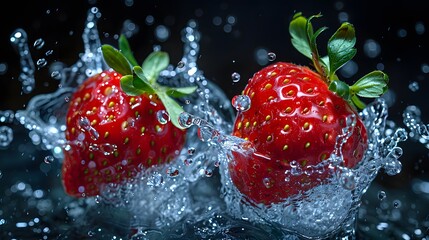 Close-Up of Strawberries with Splashing Water Droplets