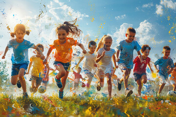 Artistic representations of children participating in sports and extracurricular activities, highlighting the role of recreation in building confidence and resilience.