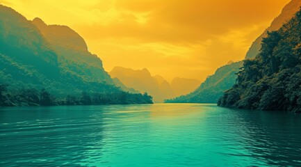   A body of water encircled by mountains under a vibrant yellow and blue sky In the water's heart, a solitary boat floats - obrazy, fototapety, plakaty
