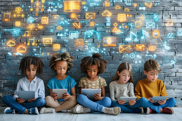 Concept art depicting children engaging in digital literacy and online safety programs, empowering them to navigate the digital world responsibly and safely.