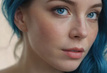 Fototapeta premium Close up fashion portrait of seductive sexy woman with big blue eyes ,full lips , prefect skin and long fluffy curled hairstyle. Natural make up.