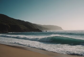 Fototapeta na wymiar Big breaking Ocean wave on a sandy beach on the north shore of Oahu Hawaii