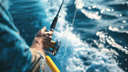 blue sea offshore fishing boat with fisherman holding rod in action - obrazy, fototapety, plakaty
