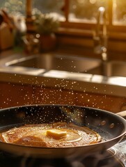 Warm syrup cascades gracefully over freshly cooked pancakes, creating a tantalizing culinary scene full of delectable indulgence.