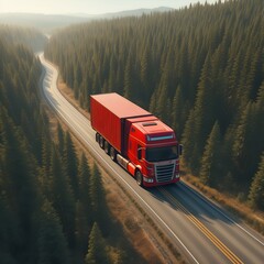 A red truck transports a container along a scenic, winding road amidst lush green forests under soft sunlight - obrazy, fototapety, plakaty