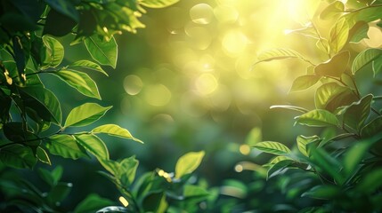 Fresh, healthy green bio background featuring abstract blurred foliage under bright summer sunlight - obrazy, fototapety, plakaty