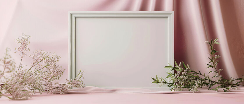 Pink floral mockup with empty frame, surreal flowers, plant and decoration. Shadows effect. Interior 3d design. Copy space. Generative ai