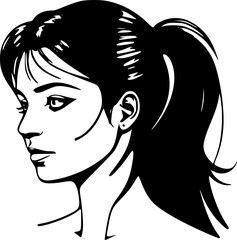 Portrait woman with pony tail - vector monochrome outline