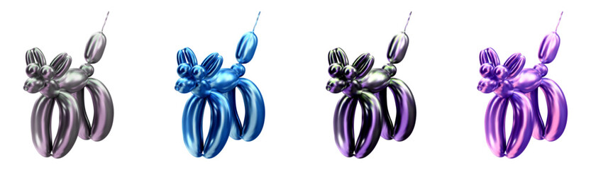Set of multi colored ballon dog in 3D style. Vector illustration of a pouting toy in chrome tones.