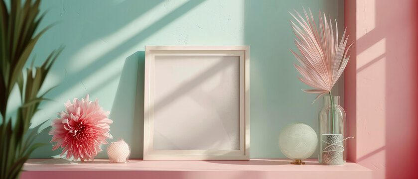 Blue floral mockup with empty frame, surreal flowers, plant and decoration. Shadows effect. Interior 3d design. Copy space. Generative ai
