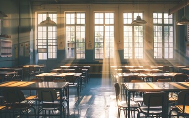 Golden sunlight streams through large windows, casting a warm glow and long shadows over an empty classroom filled with wooden desks and chairs.