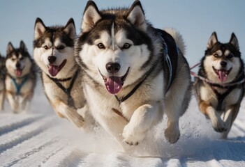 front view at four siberian huskys at race in winter