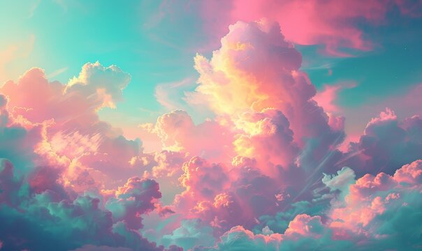   A sky teeming with numerous clouds, a plane positioned centrally amidst, backdrop painted pink and blue