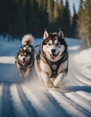 Fototapeta premium front view at four siberian huskys at race in winter