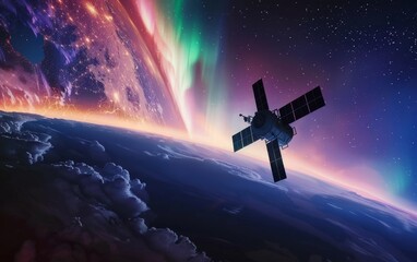 A breathtaking scene of a satellite orbiting Earth, surrounded by the mesmerizing auroras dancing across the night sky, a cosmic marvel to behold.