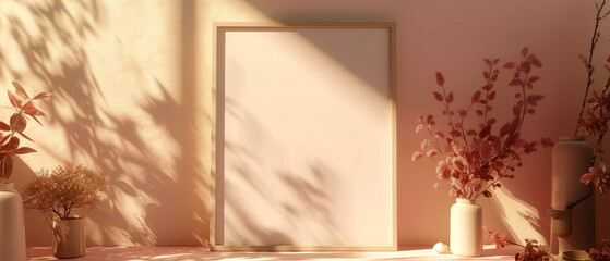 Beige floral mockup with empty frame, dry flowers and furniture. Shadows effect. Interior 3d design. Copy space. Generative ai	