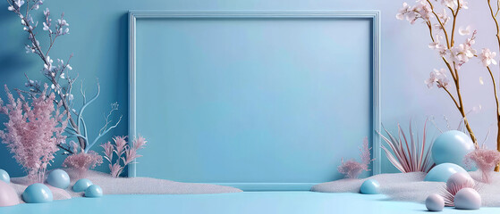 Blue floral mockup with empty frame, surreal flowers, plant and decoration. Shadows effect. Interior 3d design. Copy space. Generative ai