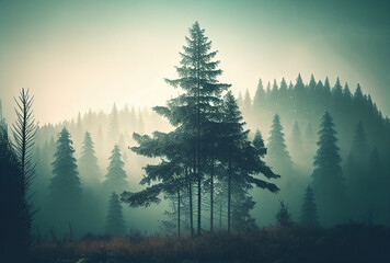 Fototapeta premium Misty foggy landscape with coniferous tree silhouettes.