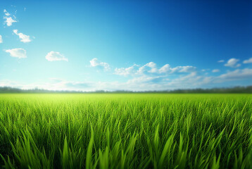 Fototapeta premium Green grass field landscape with blue sky background.