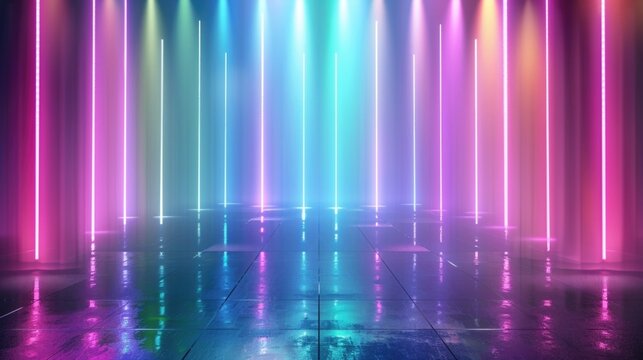 Abstract background with flashing neon lights of green blue white pink violet colors glowing on rectangle lines on shiny reflecting stage